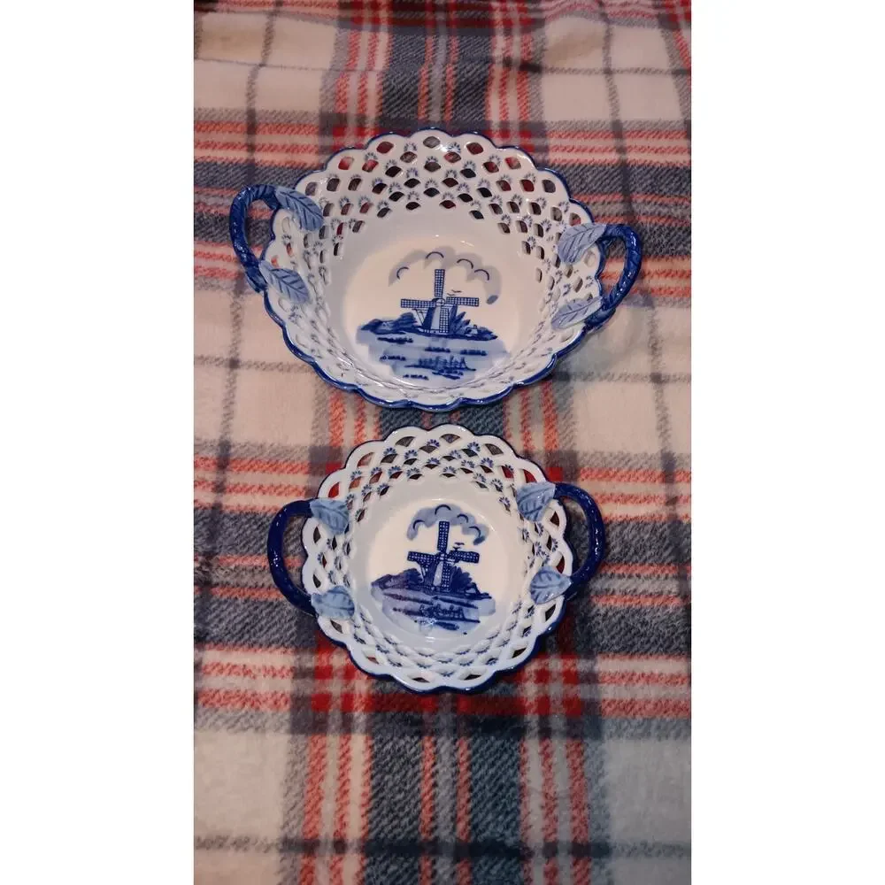 Lot Of 2 Delft Blue Pierced Lattice Trinket Dish, Holland, Windmill Handpainted